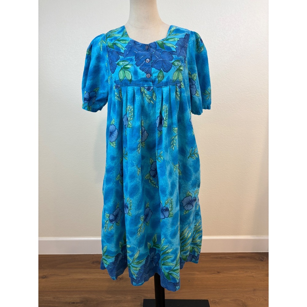 Vintage  Muu Muu‎ Dress Womens OS Blue Floral Hibiscus Pockets Hawaiian Vacation
